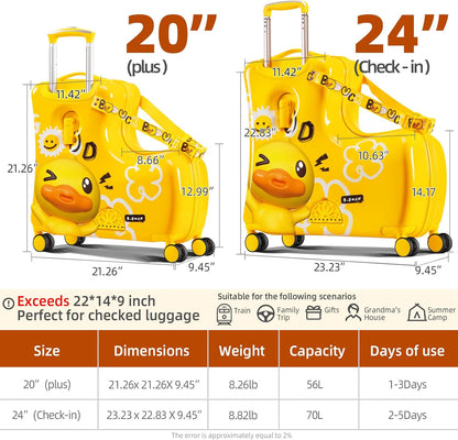Kids' Lightweight Ride on Luggage with Spinner Wheels & Foldabe Design (Yellow Good, 24"+ Aged 3-12 Toddler)