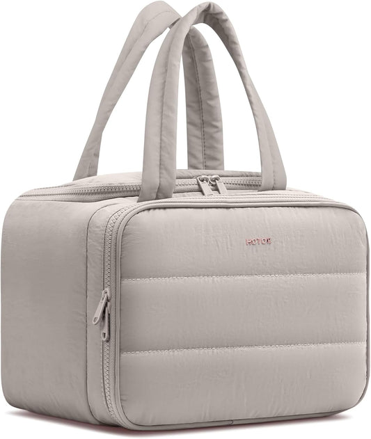 HOTOR Travel Toiletry Bag - Wide-Open Toiletry Bag for Women, Multi-Pocket Makeup Bag for Travel Essentials, Wet & Dry Separation Travel Accessories for Trip, Gym, 11.4" x 5.9" x 8.3", Light Taupe