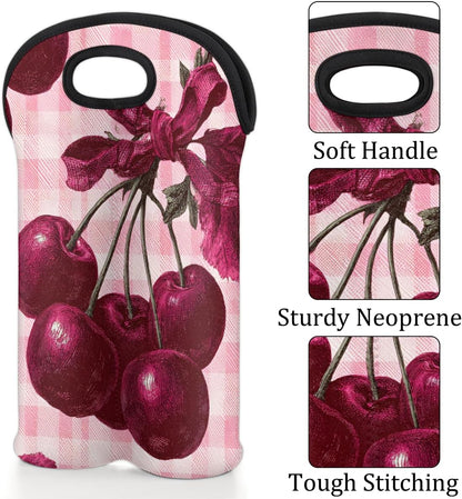 Neoprene Wine Tote, Bottle Carrier Gag Insulating Neoprene Thicker, Insulated Wine Bag for Travel Holds Two Bottles, Bottle Carrier Bags Protect the Bottles, Cherry