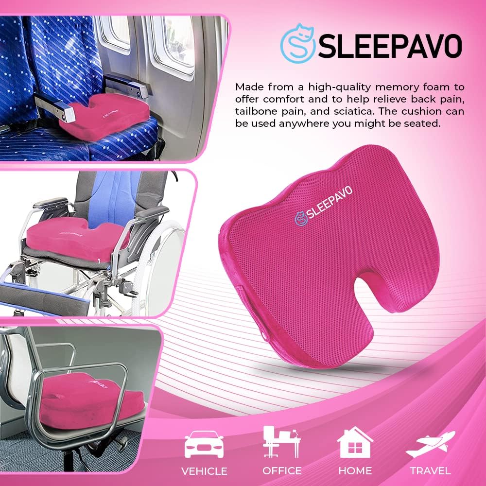 Sleepavo Office Chair Cushion - Seat Cushion for Tailbone Pain Relief - Butt Pillow for Coccyx, Sciatica, and Lower Back Pain - Orthopedic Chair Pad for Lumbar Support in Office Desk (Pink)
