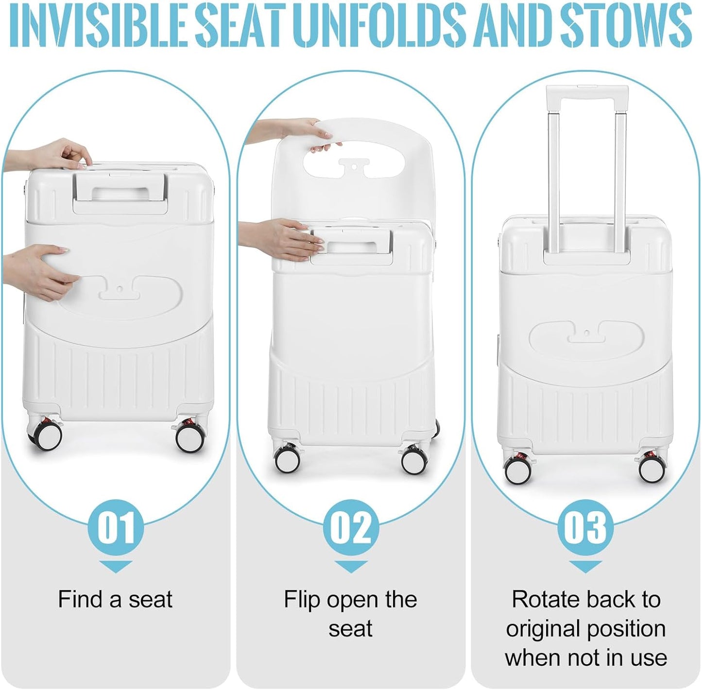 Carry on Luggage with Seat for Kids Expandable Ride on Suitcase with Spinner Wheels and Locks for Travel (20 Inch,White)