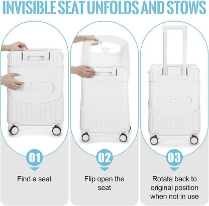 Carry on Luggage with Seat for Kids Expandable Ride on Suitcase with Spinner Wheels and Locks for Travel (20 Inch,White)