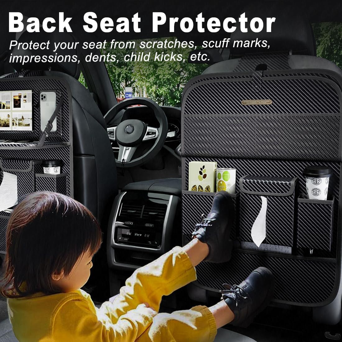Car Seat Organizers,Multi-functional Back Seat Protectors, Storage Pouches, and Tray Holders (for Cars, Kids, Seat Back and Rear Seats) (Carbon Fiber, 2 Pcs)