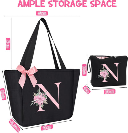 Vavabox Tote Bag, A-Z Initial Monogrammed Waterproof Tote Bag, Bridesmaid Gifts for Women, Black and Pink