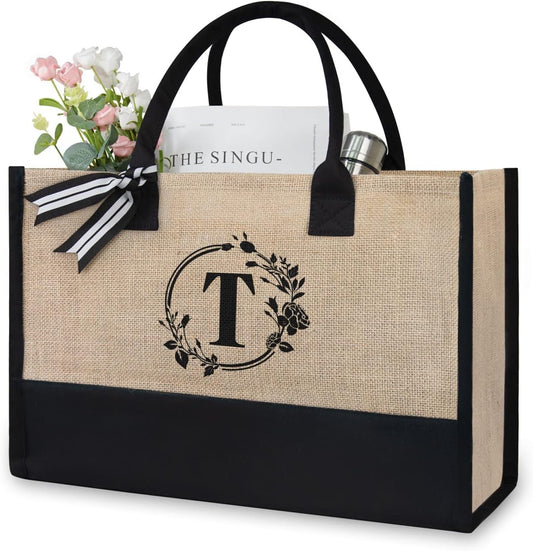 TOPDesign Personalized Initial Jute/Canvas Beach Bag, Monogrammed Gift Tote Bag for Women