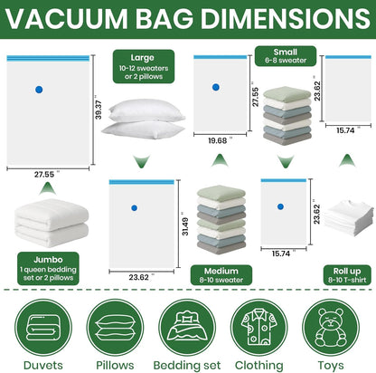 Vacuum Storage Bags,30Pack Vacuum Seal Bags for Clothing,Travel,Clothes,Comforters,Blankets,Pillows-6 Jumbo+6 Large+6 Medium+6 Small+6 Roll Up Space Saving Bag Hand Pump Included