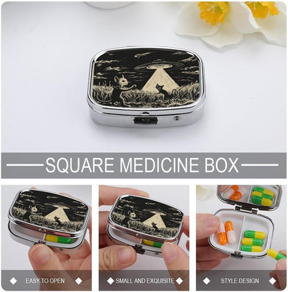 Metal 2 Compartment Pill Organizer Travel Friendly Portable Compact Pill Box Cute Pill Case to Hold Vitamins,Fish Oil,Supplements,Meds,Tablet for Purse,Pocket. (Cats and Spaceships)