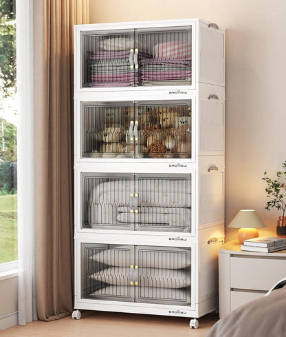 BROVIEW 320Qt Stackable Storage Bins with Lid, Extra Large Closet Organizer Collapsible Drawer Boxes with Wheels, Folding Plastic Cabinet Containers for Home Kitchen Room Organization, 4Pack White