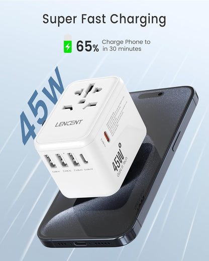 LENCENT Universal Travel Adapter, GaN III 45W International Charger with 3 USB Ports & 2 USB-C PD Fast Charging Adaptor, Worldwide Wall Charger for iPhone,Laptops, USA/UK/EU/AUS (White-45W)