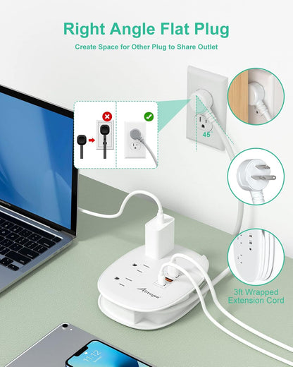 Alitayee 20W USB C Power Strip with 3 Outlets and USB C Fast Charging for iPhone, QC 3.0 Charger, Flat Plug and 3ft Wrapped Around Extension Cord for Cruise Travel Home Office Dorm