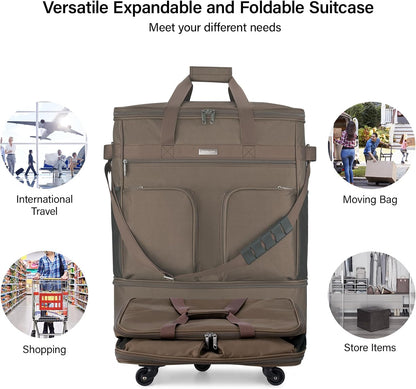 Hanke Expandable Collapsible Luggage with Wheels Suitcase, Rolling Travel Bag, Duffel Garment Tote Bag for Men Women, Lightweight Suitcase, Large Capacity Luggage with Spinner Wheel (Coffee)
