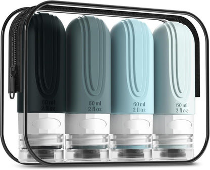 Travel Bottles for Toiletries, Tsa Approved 2oz Travel size Bottles, BPA Free Leak Proof Travels Toiletry Containers, Traveler Accessories with Toiletry Bag for Shampoo Liquid (4 Pack)