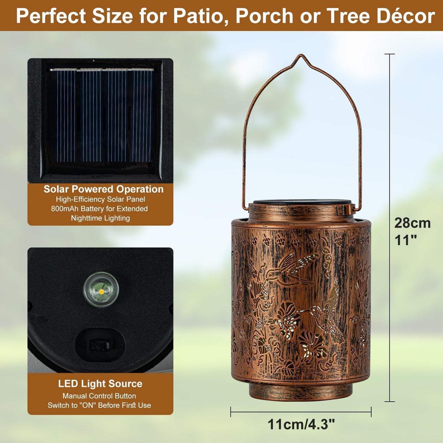 Outdoor Solar Lantern Waterproof Decorative Hummingbird and Trumpet Flower Lights with Metal Construction Warm White Glow Gifts for Mom Grandma Patio Garden Décor