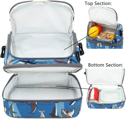 FlowFly Kids Double Decker Cooler Insulated Lunch Bag Large Tote for Boys, Girls, Men, Women, With Adjustable Strap, Shark