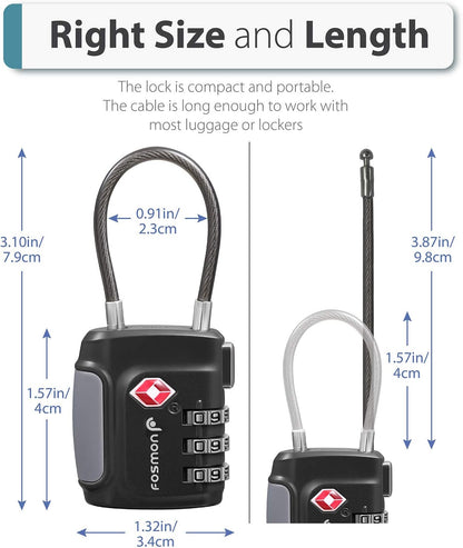 Fosmon TSA Approved Cable Locks for Luggage, Suitcase, Gun Case Lock with Push Release Button, 3 Digit Long Shackle Combination Wire Lock for Backpack
