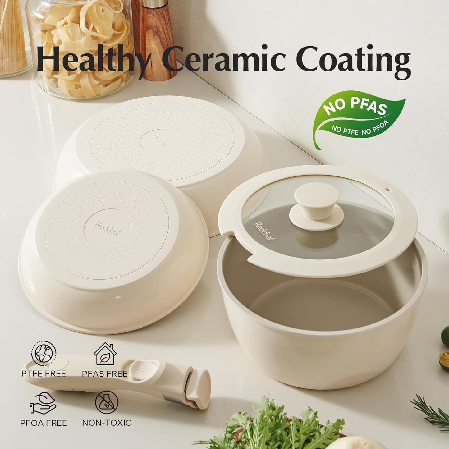 Redchef Ceramic Pots and Pans Set, Nonstick Kitchen Cookware Set with Detachable Handle, Non Toxic Cookware Set 16pcs, PFAS PFOA & PTFE Free, RV Ceramic Cookware for Camping, Dishwasher/Oven Safe