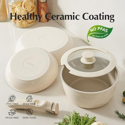 Redchef Ceramic Pots and Pans Set, Nonstick Kitchen Cookware Set with Detachable Handle, Non Toxic Cookware Set 16pcs, PFAS PFOA & PTFE Free, RV Ceramic Cookware for Camping, Dishwasher/Oven Safe