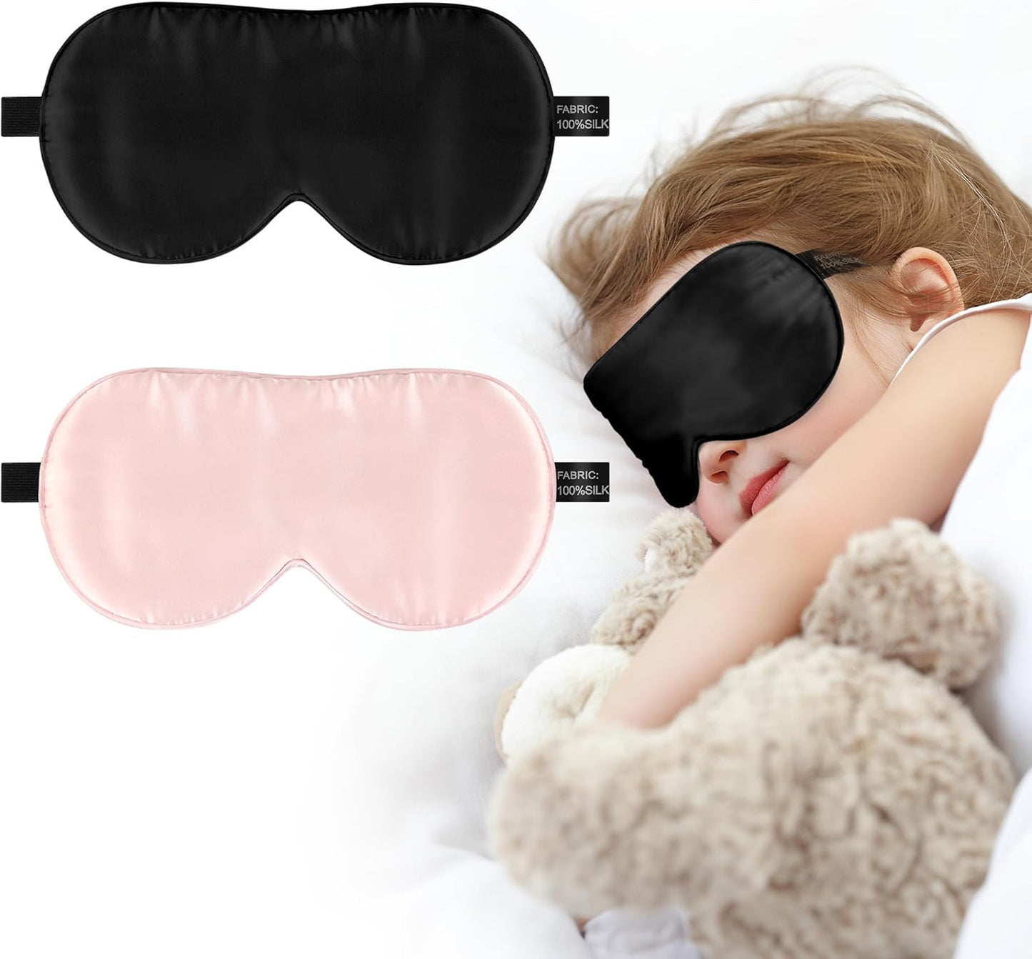 Silk Sleep Eye Mask for Kids, 100% Real Natural Pure Silk Sleeping Masks, Blindfold Sleep Eye Cover with Adjustable Strap, Soft & Lightweight Night Eyeshade for Boys Girls Teens (2 Pack)
