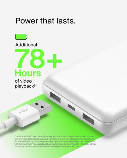Belkin Portable Charger, USB C Power Bank 20000 mAh w/ 1xUSB-C Port & 2xUSB-A Ports, 15W w/Type-C to Type-A Cable - iPhone 16, Samsung Galaxy S25, Nintendo Switch 2, Google Pixel 10, etc. - White