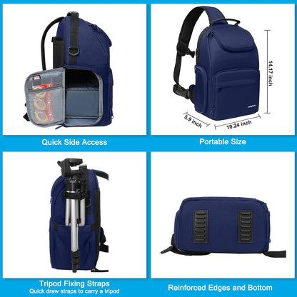 MOSISO Camera Sling Bag, DSLR/SLR/Mirrorless Camera Case Crossbody Photography Backpack with Tripod Holder&Removable Modular Inserts&PU Handle Compatible with Canon/Nikon/Sony, Navy Blue