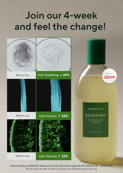 AROMATICA Rosemary Scalp Scaling Shampoo - Korean Hair Care with Thinning Hair Loss Natural Rosemary Essential Oil for Women - Vegan Hair Growth - Free from Sulfate, Silicone, and Paraben (13.53 oz)