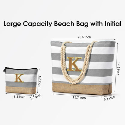 Becokan Beach Bag Initial Beach Tote with Makeup Bag for Travel Work Storage Personalized Birthday Gifts for Women Her