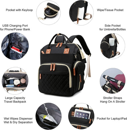 Diaper Bag with Changing Station, Waterproof 3 in 1 Baby Diaper Backpack with Foldable Changing Pad, Large Travel Back Pack for Baby Girl Boy, Baby essentials, Black