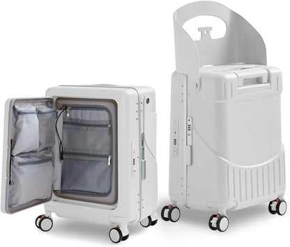 20 Inch Ride on Luggage With Seat For Kids&Adults,with Front Pocket, Foldable Seat Back TSA Approved Lock, 360° Spinner Wheels (20 inch,White)