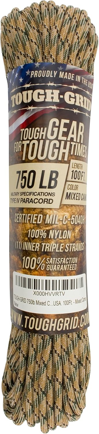 TOUGH-GRID 750 Paracord Rope Nylon Parachute Cord, Made in USA Survival Kit, Outdoor Adventures, Camping, Tactical Gear & Emergency Supplies, Military Type IV Mil-Spec