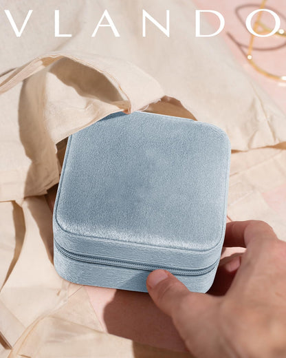 Vlando Velvet Travel Jewelry Case, Jewelry Travel Box for Women, Travel Jewelry Organizer, Small, Portable Jewelry Boxes with Mirror - Blue