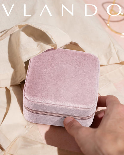 Vlando Velvet Travel Jewelry Case, Jewelry Travel Box for Women, Travel Jewelry Organizer, Small, Portable Jewelry Boxes with Mirror - Pink