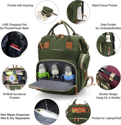 Diaper Bag with Changing Station, Waterproof 3 in 1 Baby Diaper Backpack with Foldable Changing Pad, Large Travel Back Pack for Girl Boy, Green