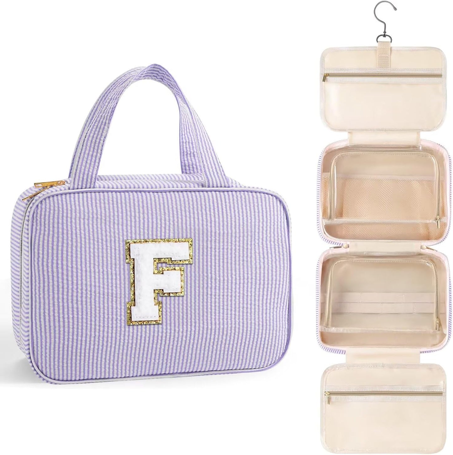 TOPEAST Gifts for Friends - Friendship Gifts for Women, Travel Toiletry Bag for Women, Hanging Toiletry Bag, Monogrammed Initial Tolietry Pouch Makeup Bag - Letter F, Purple