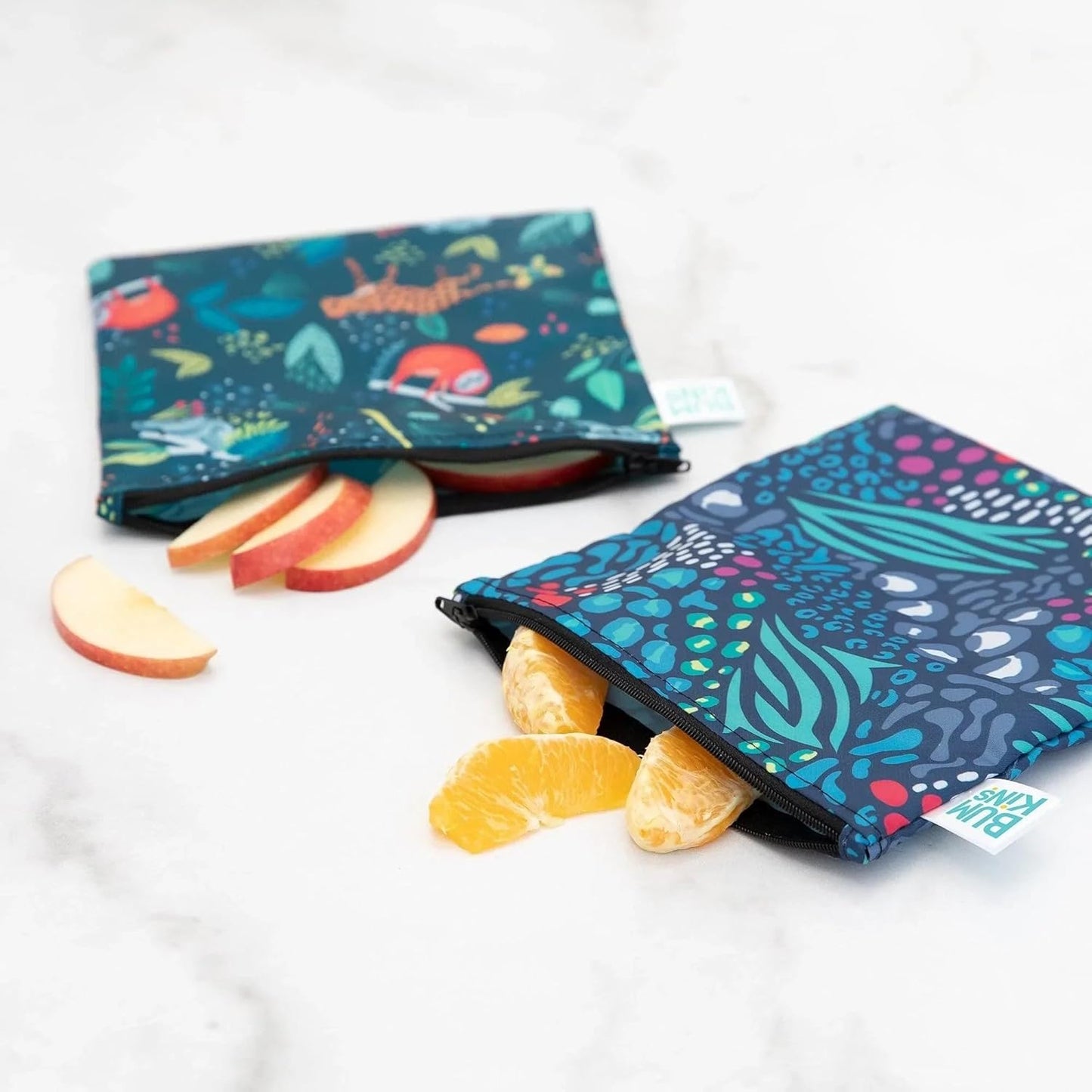 Bumkins Reusable Sandwich and Snack Bags, for Kids School Lunch and for Adults Portion, Washable Fabric, Waterproof Cloth Zip Bag, Travel Pouch, Food-Safe Storage, Large 2-pk Jungle