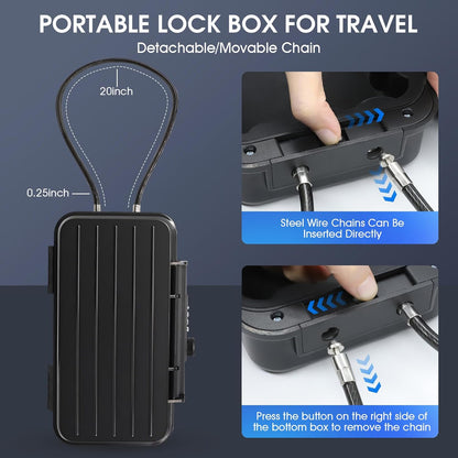 Beach Lock Box,Travel Safe Lock Box with Removable Chain,Locking Boxes with Code,Portable Lockbox for Travel Safe,Personal Items,Beach,Gym,Hotel,Dorm,Black