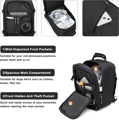 Kono Carry on Backpack, 16" Airplane Approved Under Seat Travel Backpack for Men and Women, Waterproof Lightweight Daypack for Flight 20L (Black, Small)