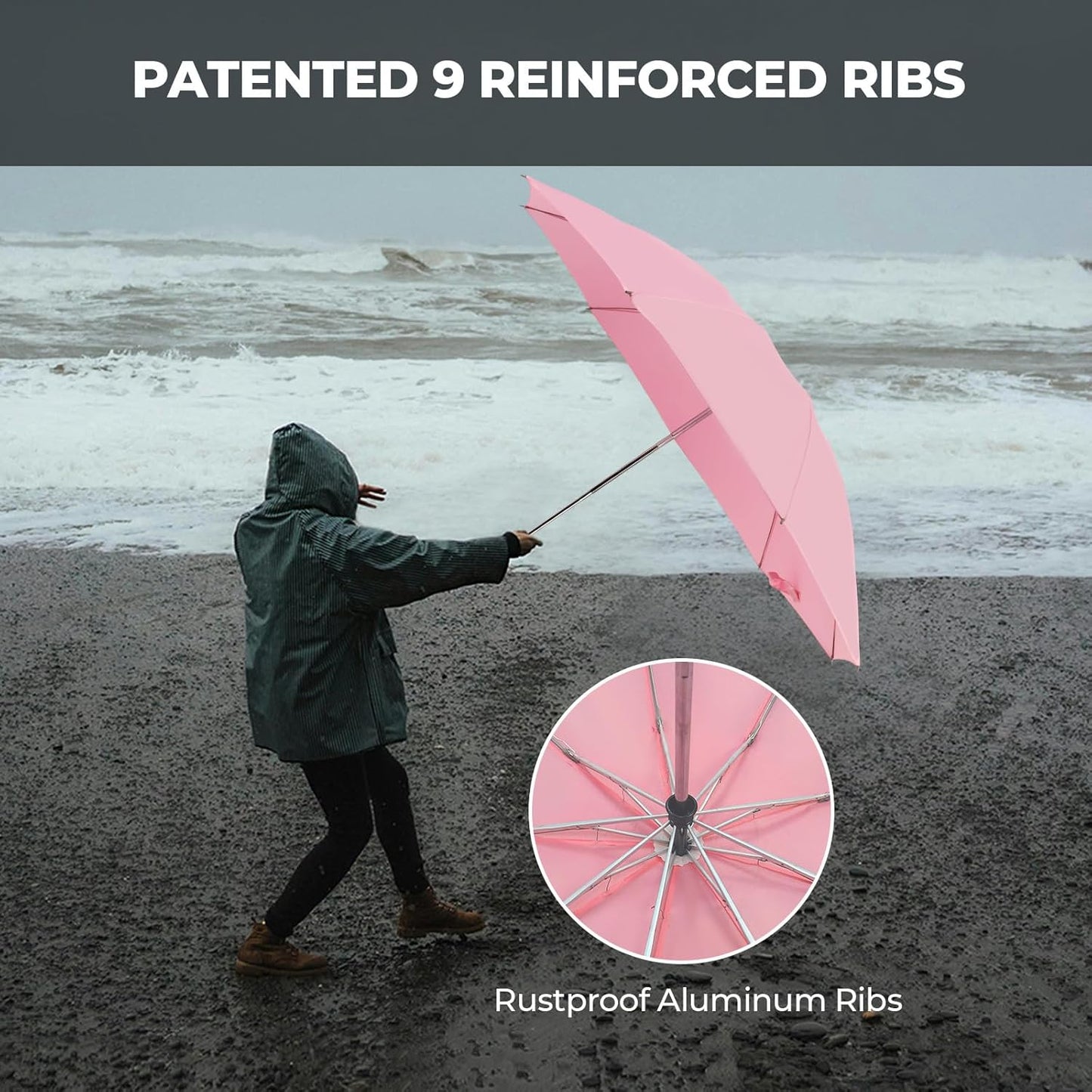 Compact Inverted Travel Umbrella, Automatic Open Close, 9-Rib 46 Inch Windproof Umbrella, Waterproof UPF 50+, Portable Umbrellas for Men, Women, Travel, and Daily Use