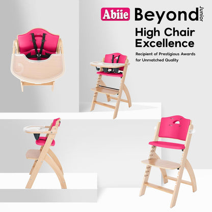 Abiie Beyond Junior Wooden High Chair with Tray - Adjustable and Convertible High Chair for Babies and Toddlers - 6 Months to 250 Lb - Water Resistant - Natural Wood/Raspberry Cushion