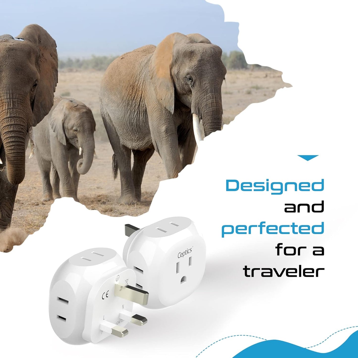 Ceptics US to UK Plug Adapter UK, Ireland Power Adapter Charger 4 Input - Ultra Compact - Light Weight - USA to Any Type G Countries Such as Hong Kong, England and More - 2 Pack (PT-7), White