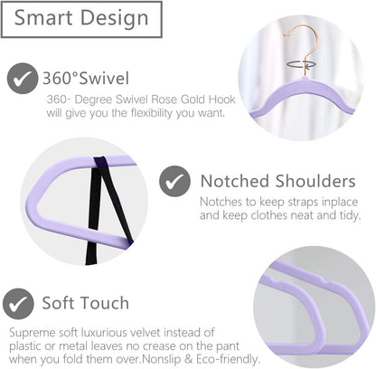 MIZGI Premium Velvet Hangers (50 Pack) Heavy Duty - Non Slip Felt Hangers - Velvet Suit Hanger Light Purple - Rose Gold Hooks,Space Saving Clothes Hanger