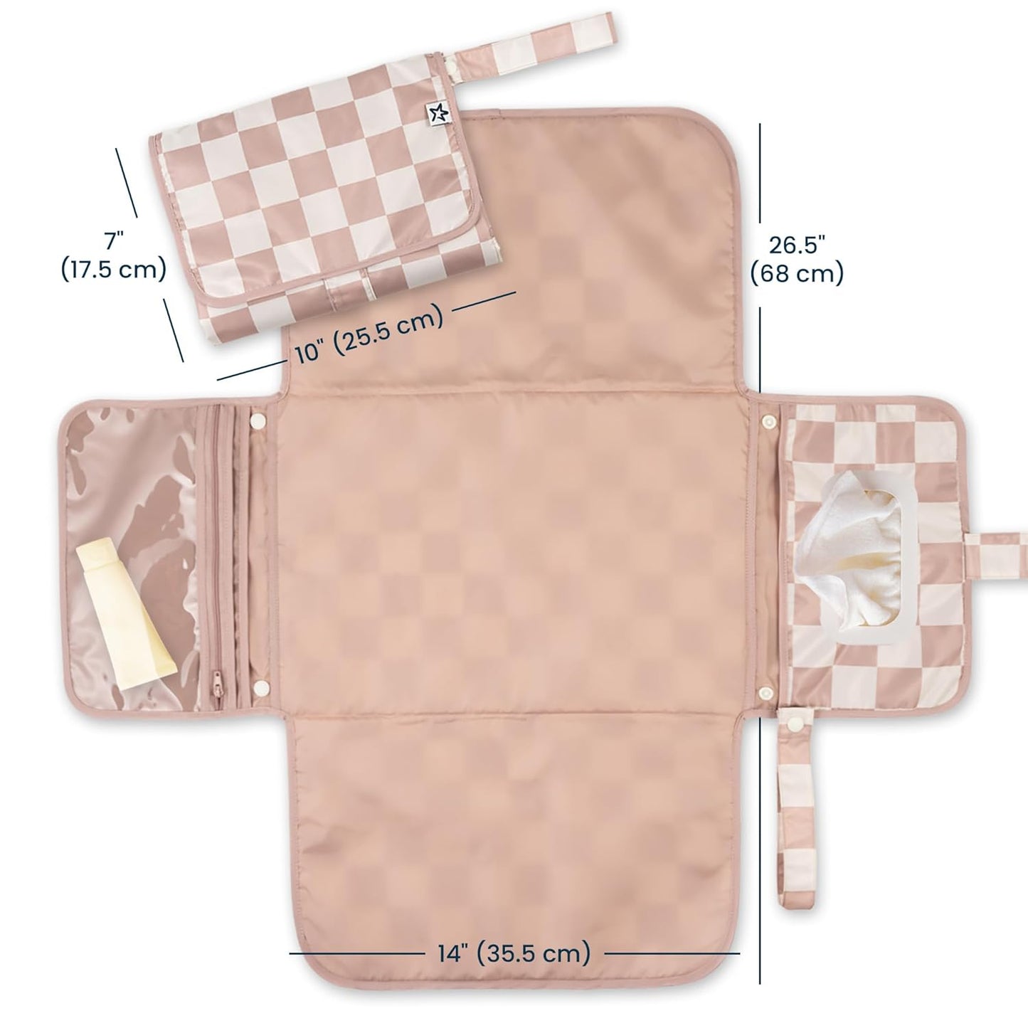 Tiny Twinkle Portable Diaper Changing Pad-Foldable Waterproof Changing Mat&Portable Changing Pad for Travel,Baby Changing Station with Smart Wipes Pocket&Storage (Beige Checkers)
