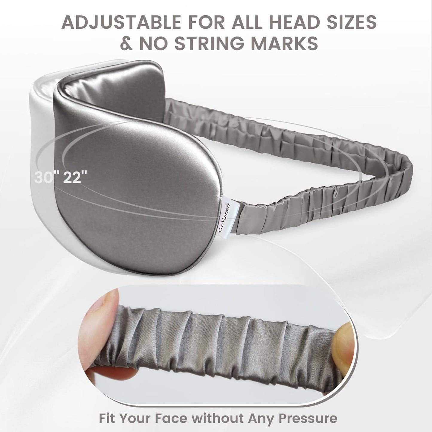 Pure 22 Momme 6A Grade Mulberry Silk Sleep Mask for Side Sleepers - 100% Blackout Eye Mask with Travel Pouch (Grey)