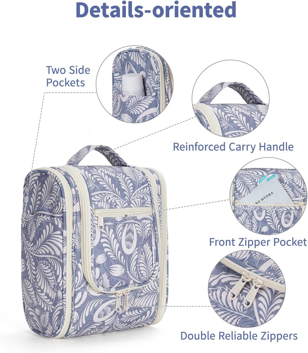 Narwey Small Hanging Toiletry Bag Women Travel Makeup Bag Organizer Toiletries Bag for Travel Size Essentials Accessories Cosmetics (Medium, Blue Leaf)