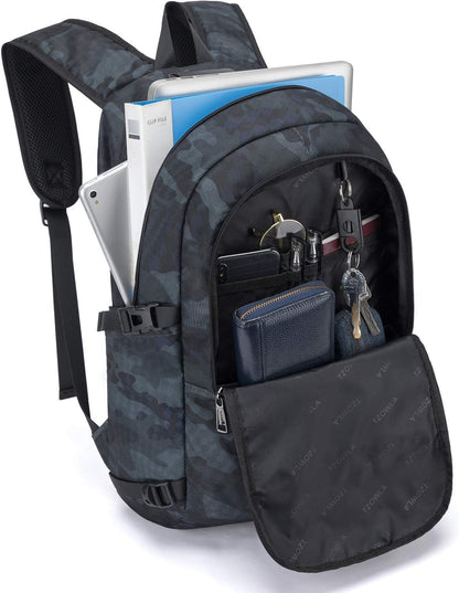 Tzowla Business Laptop Backpack Water Resistant Anti-Theft Backpack with USB Charging Port and Lock 17.3 Inch Computer Backpacks for Women Men, Casual Hiking Travel Daypack (Navy Blue Camo)