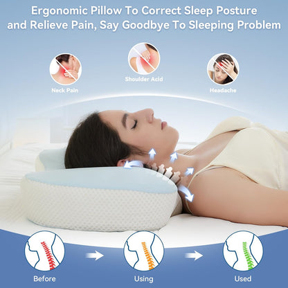 Cervical Neck Pillow - Ergonomic Memory Foam Pillow for Side, Back & Stomach Sleepers, Orthopedic Contour Pillow with Dual Height & Breathable Pillowcase(Grey)