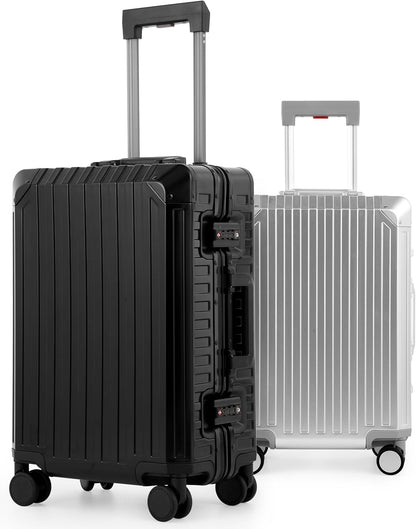 Mvst Luggage Premium All Aluminum Magnesium Carry On 20'' Lightweight Metal,Suitcase with Spinner Wheels Built-in Toiletry Set, Luggage Protector（silvery） (Black, 20inch)