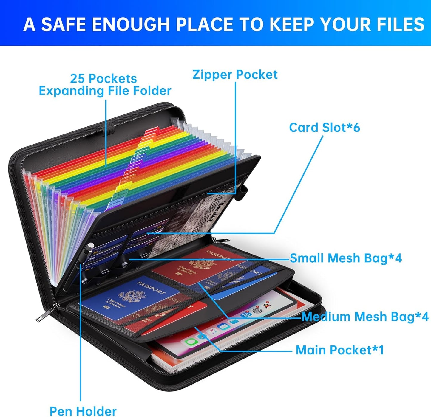 ENGPOW Accordion File Organizer,Fireproof Expanding File Folder with Colorful Pockets,25 Pockets Document Organizer with Handle & Labels,Portable Home Travel Safe Storage for Letter A4 Files,Black