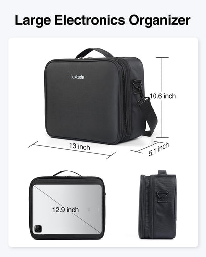 Luxtude Electronic Organizer Travel Case Large, Double Layer Tech Carrying Case, Cord Organizers Travel, Cable Organizers Bag, Large Charger Bag, Home Electronics Case Fits for iPad (Up to 12.9 in)