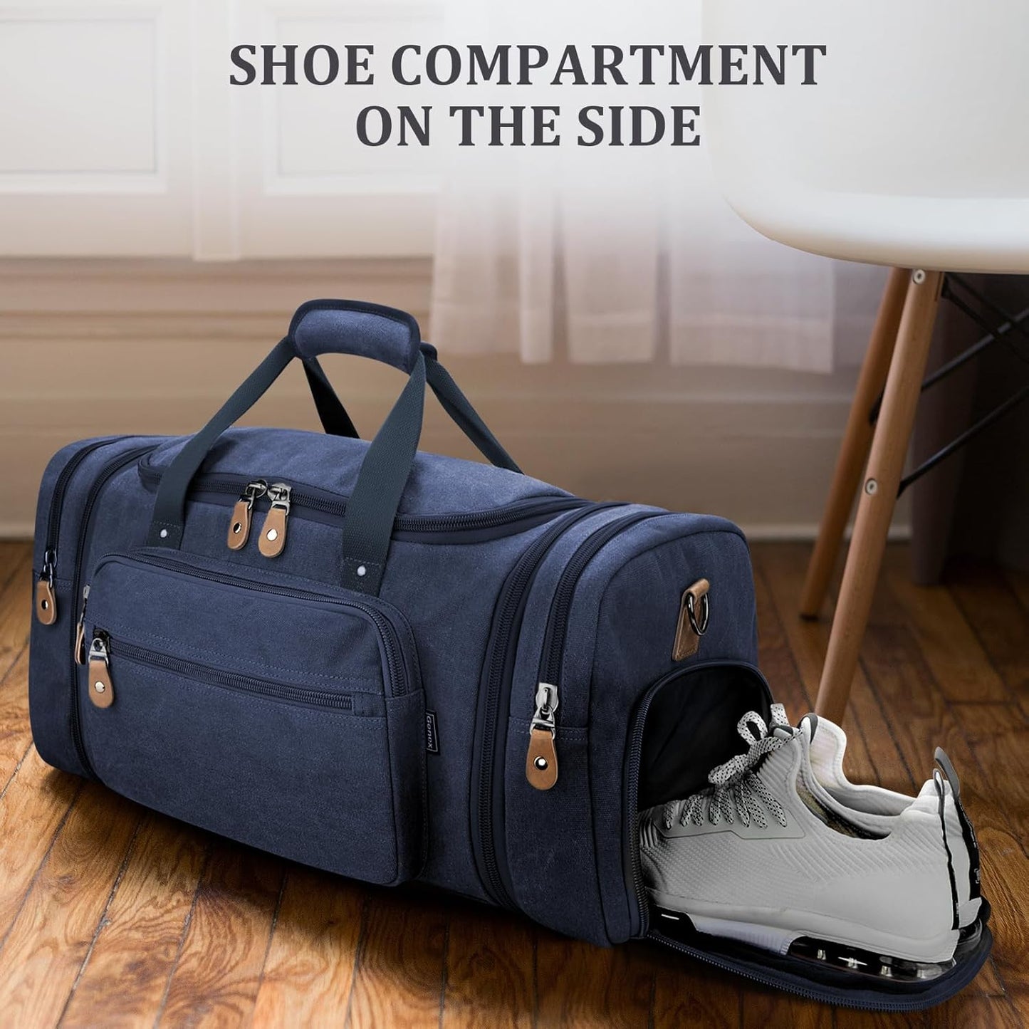 Gonex Canvas Duffle Bag 60L Travel Duffel Overnight Weekend Bag with Shoe Compartment (Blue)