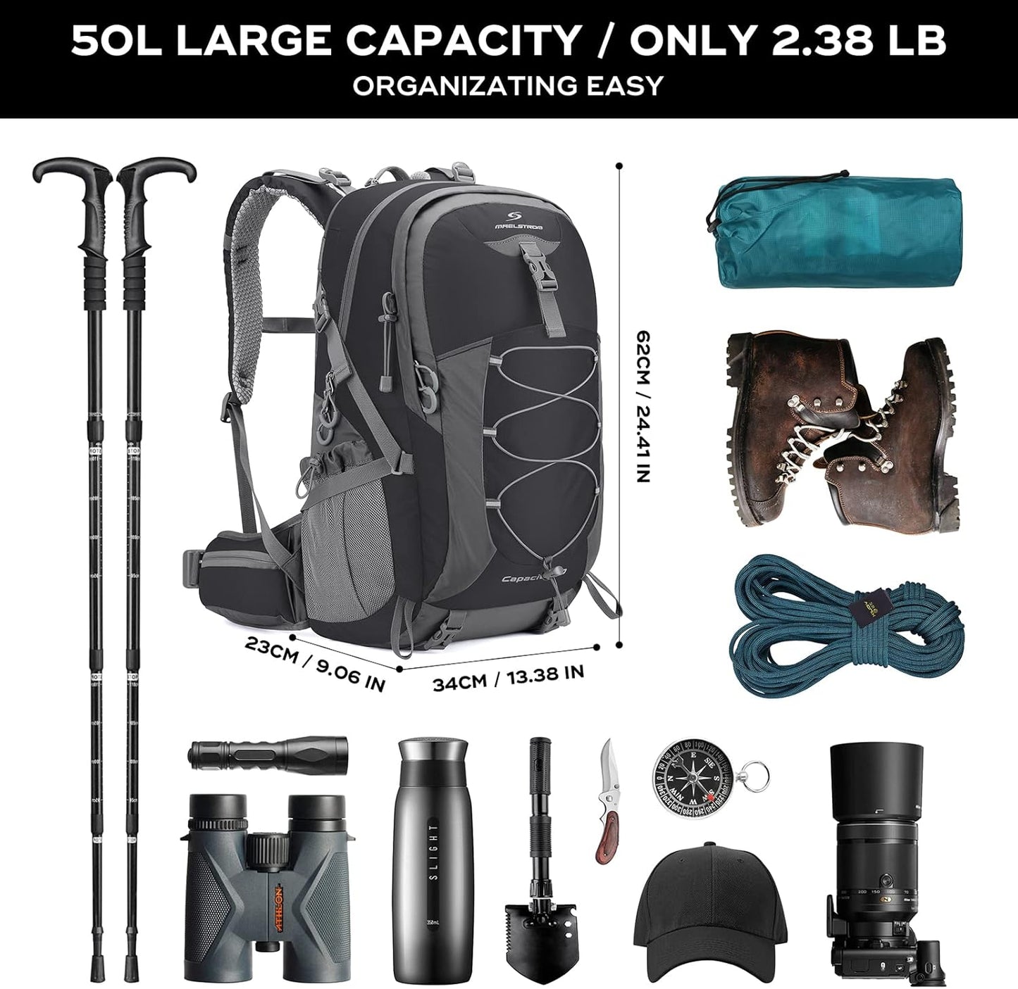 Maelstrom Hiking Backpack,Camping Backpack,50L Waterproof Hiking Daypack with Rain Cover,Lightweight Travel Backpack,Black